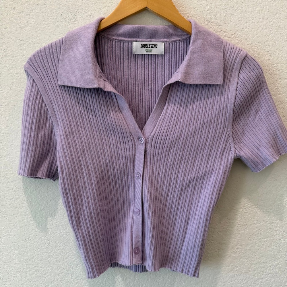 Double Zero Lavender Purple Ribbed Knit Short Sleeve Button Front Cardigan Top L